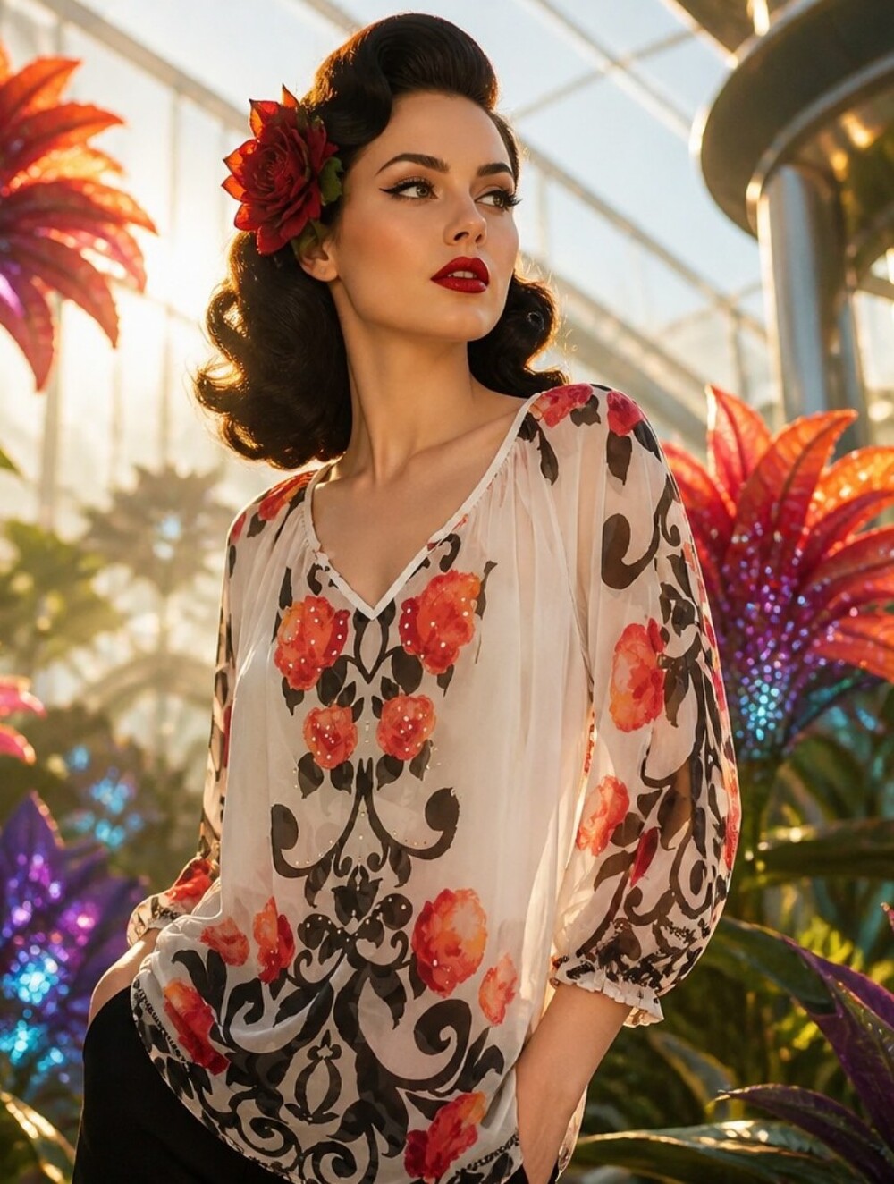 JM Collection White V-Neck Blouse with Orange Floral and Black Scroll Print